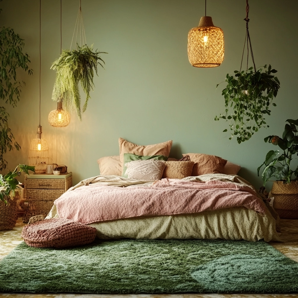 green rug bedroom aesthetic 6