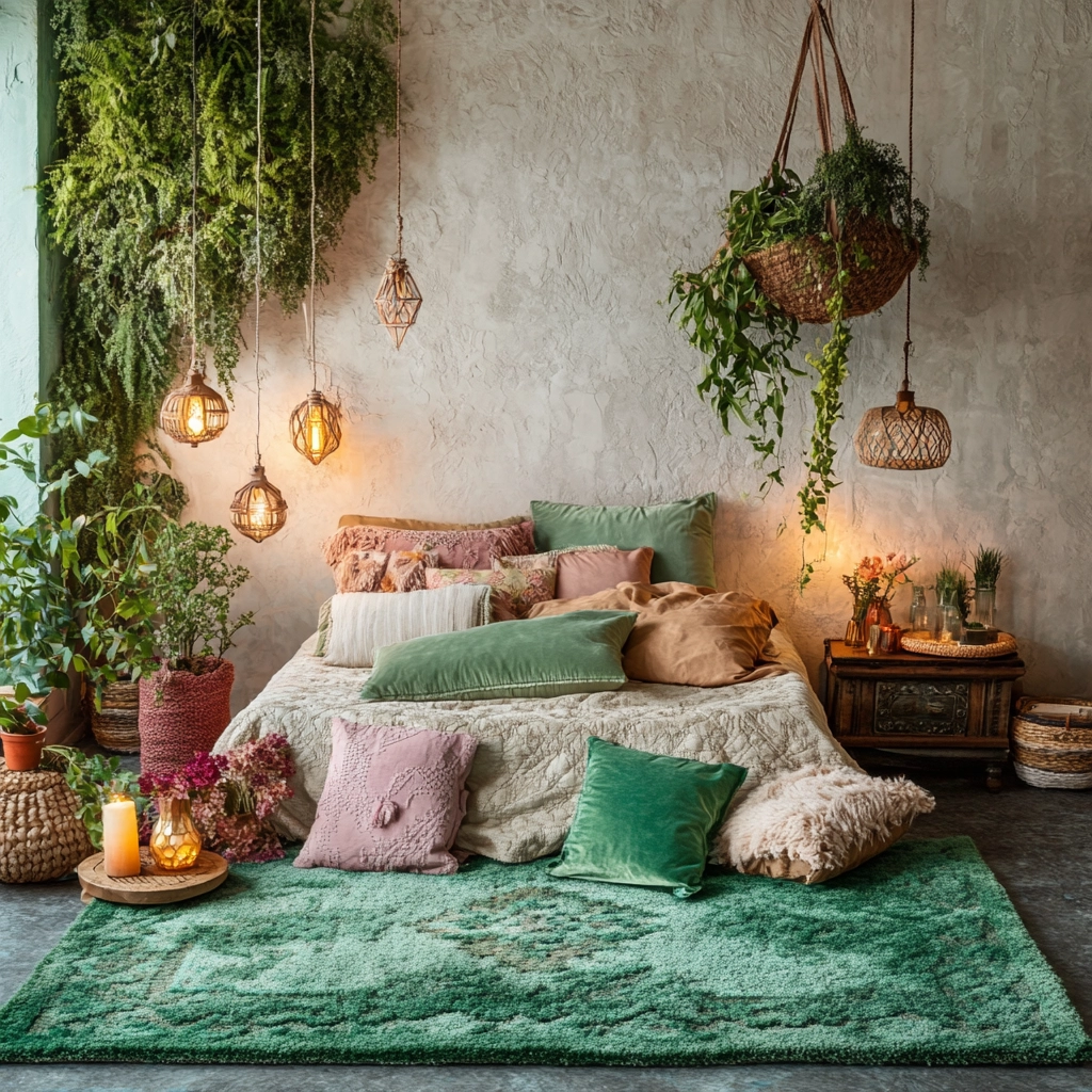 green rug bedroom aesthetic 7
