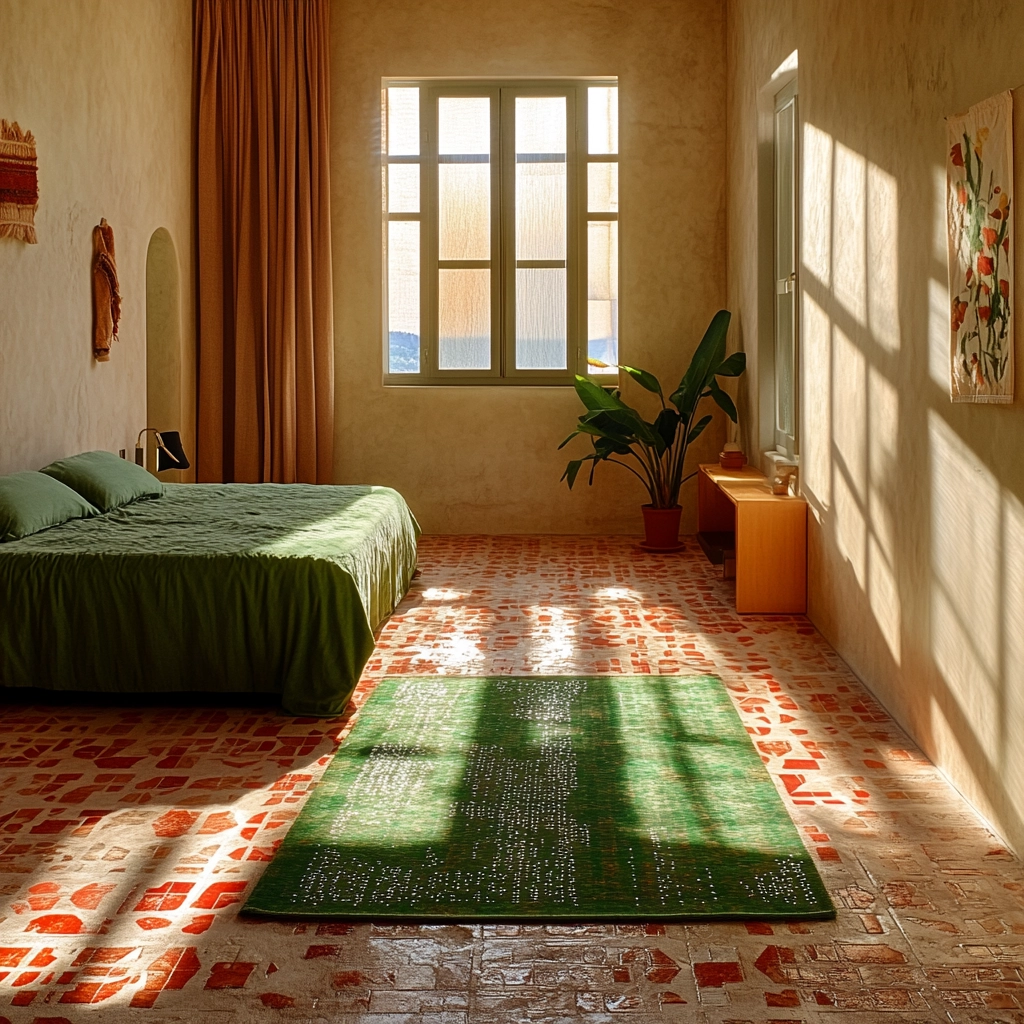 green rug bedroom aesthetic 70