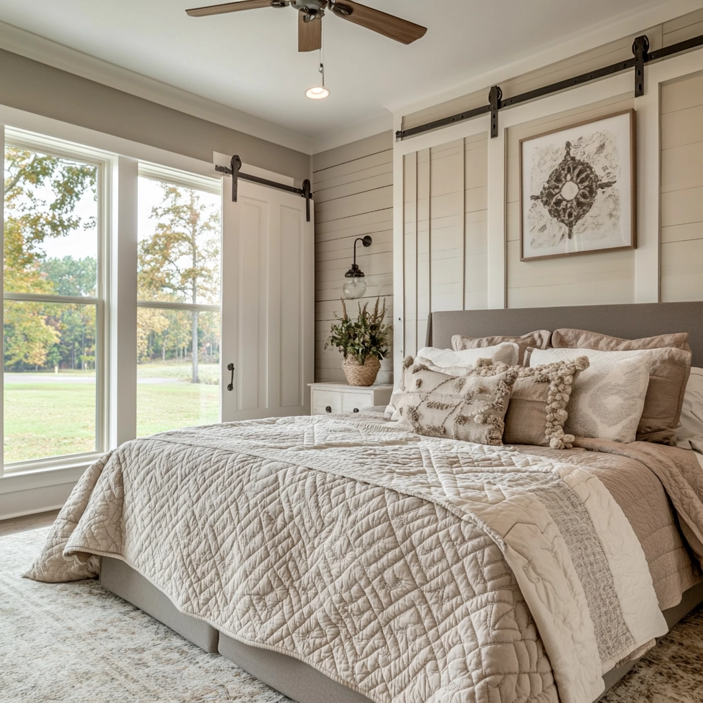 grey and beige bedroom 34