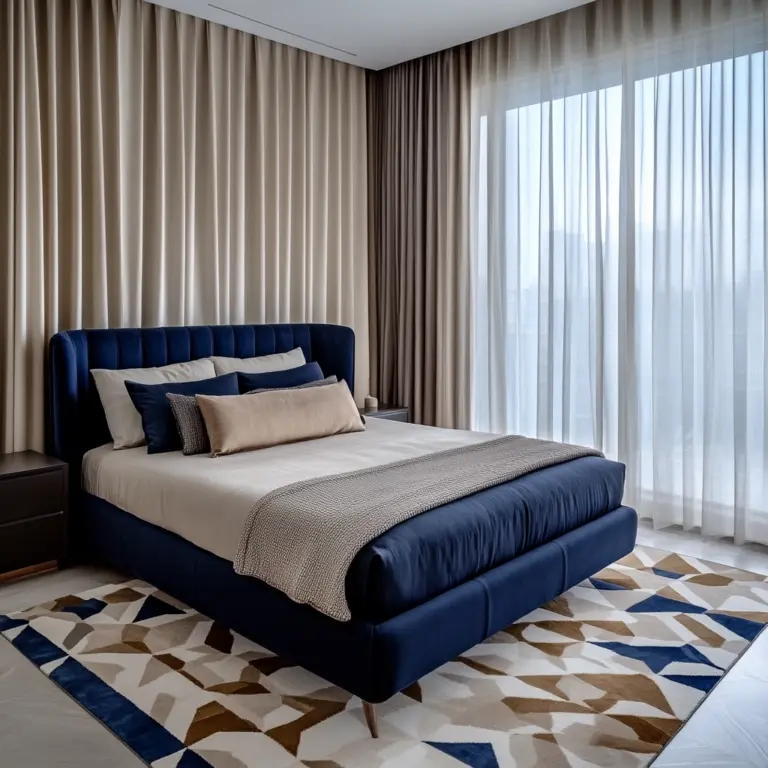 navy blue and beige bedroom 1