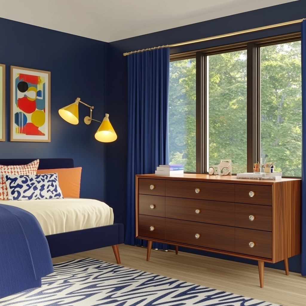 navy blue and beige bedroom 20