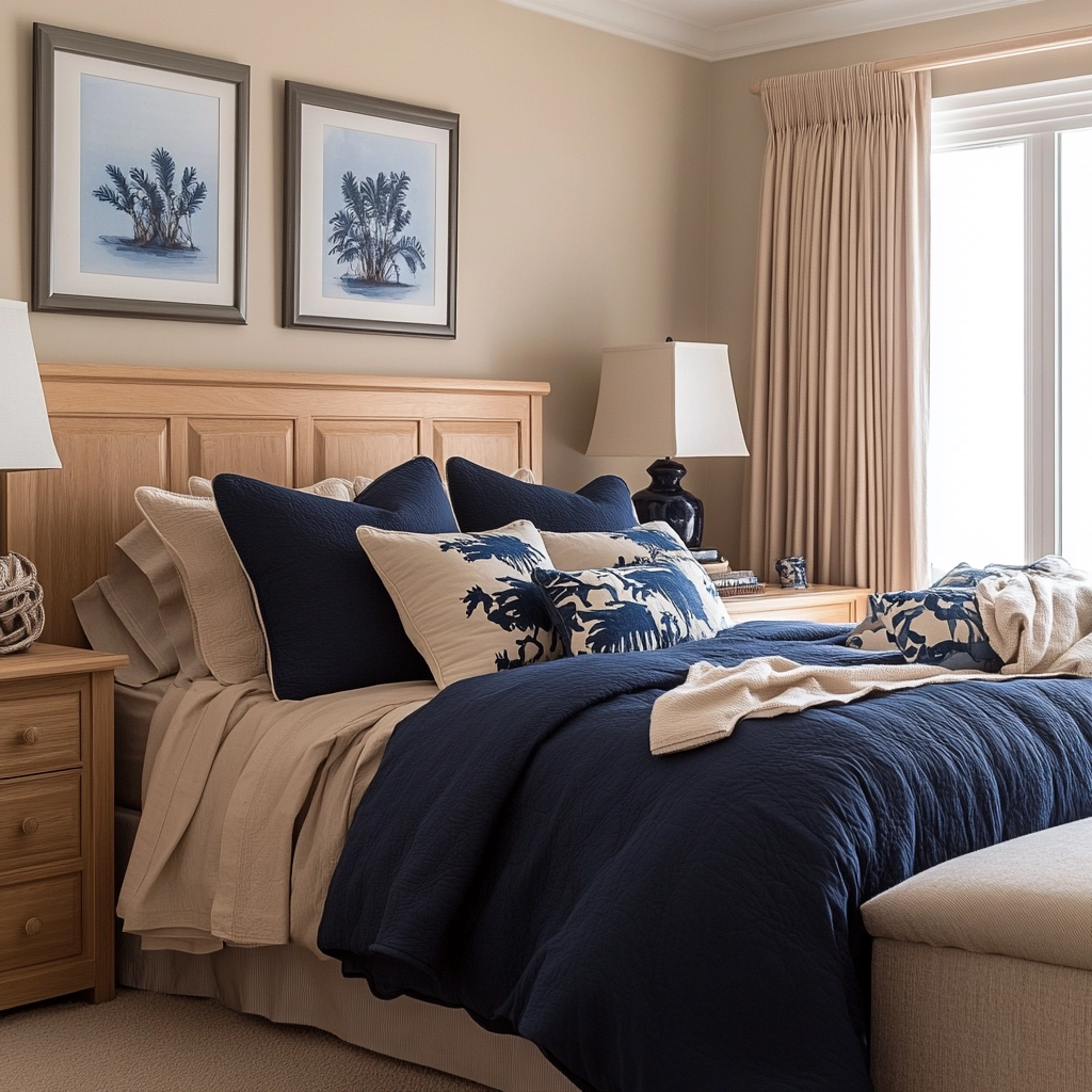navy blue and beige bedroom 22