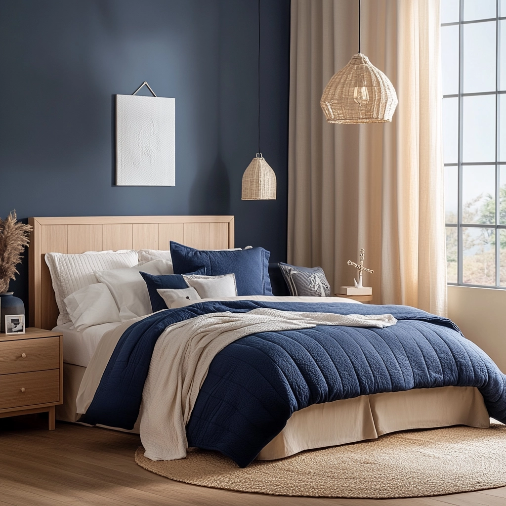 navy blue and beige bedroom 24