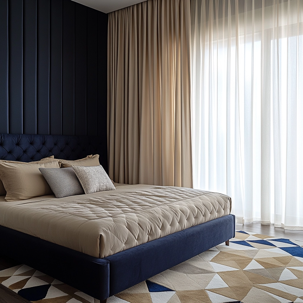 navy blue and beige bedroom 3