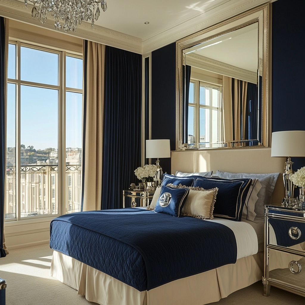 navy blue and beige bedroom 35