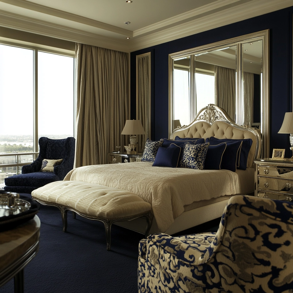 navy blue and beige bedroom 36