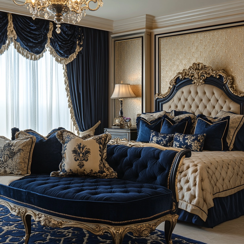 navy blue and beige bedroom 49