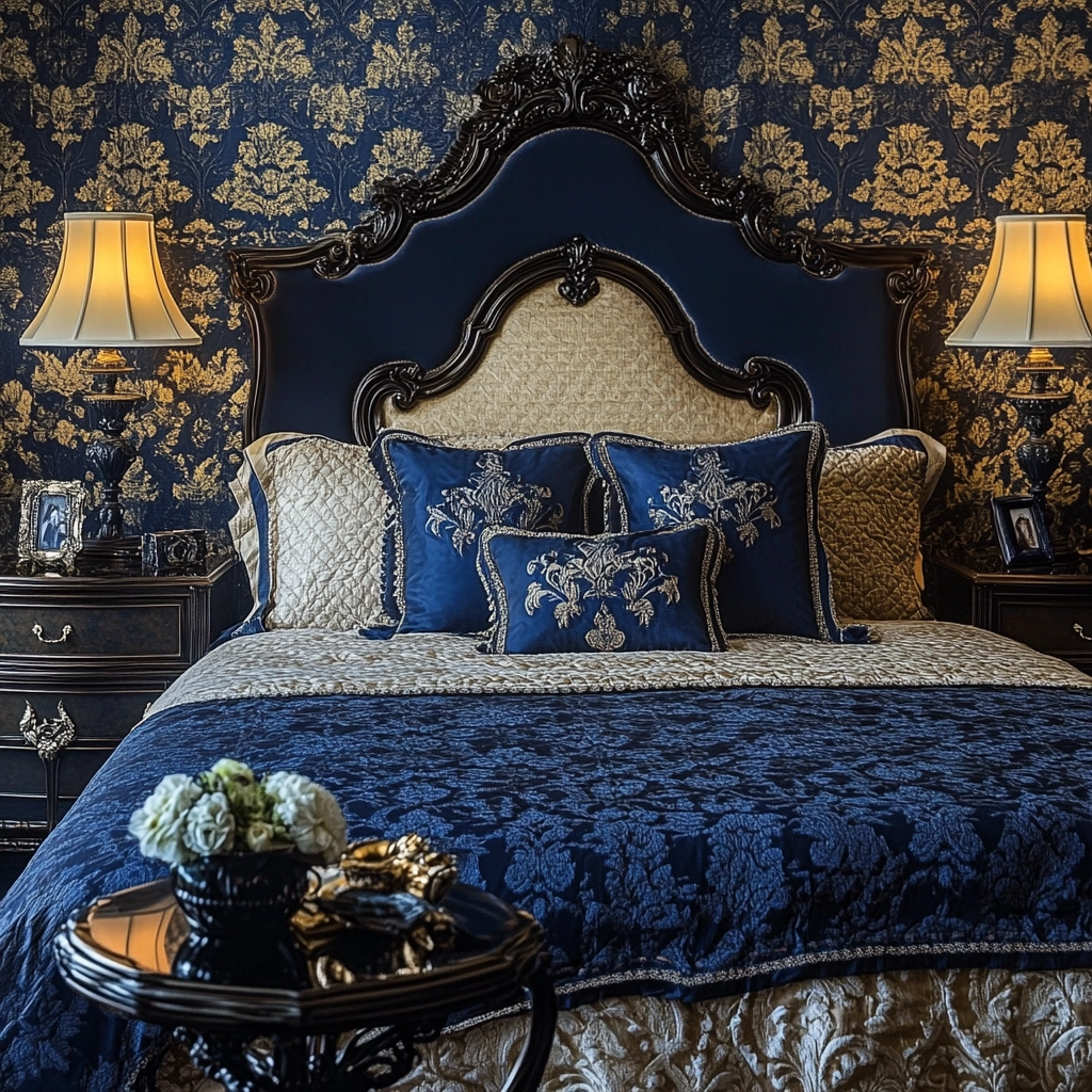 navy blue and beige bedroom 60