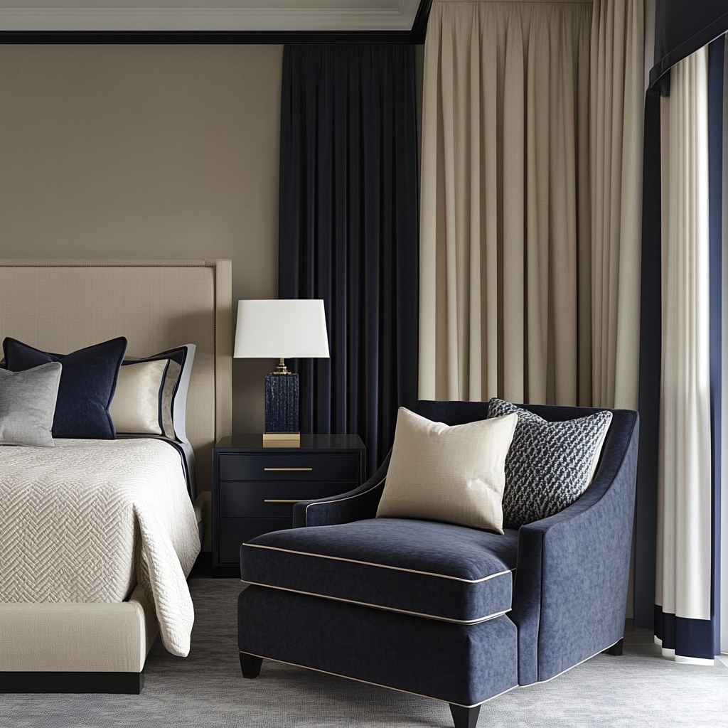 navy blue and beige bedroom 61
