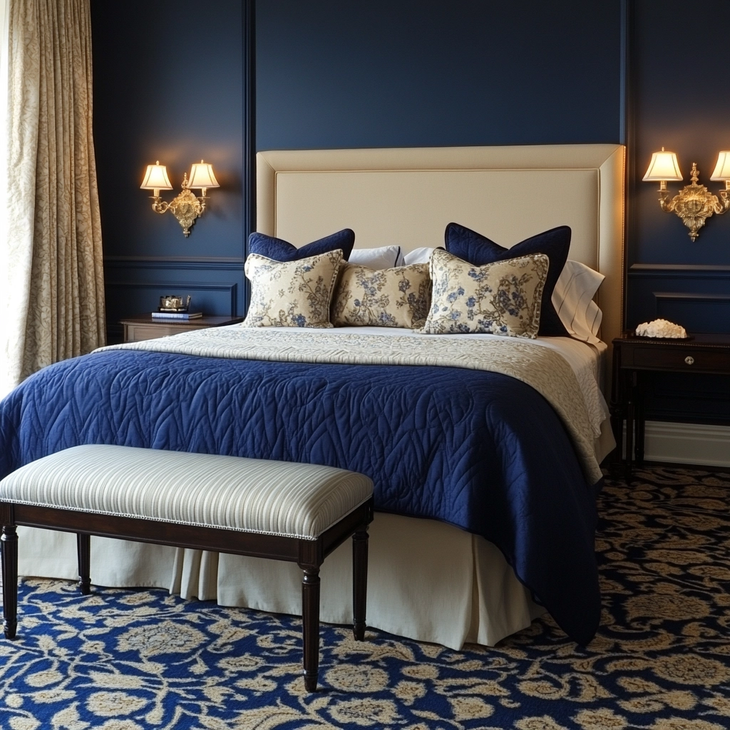 navy blue and beige bedroom 75
