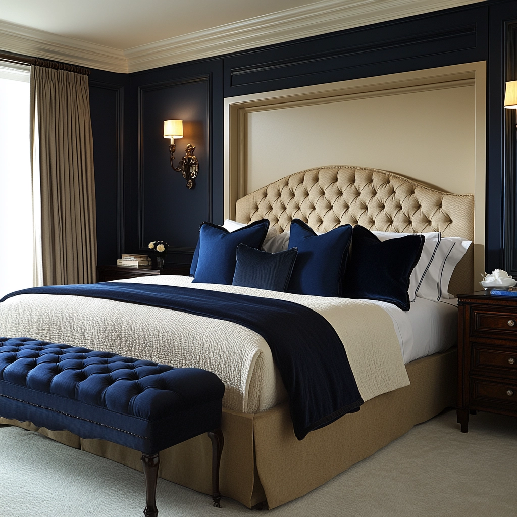 navy blue and beige bedroom 76