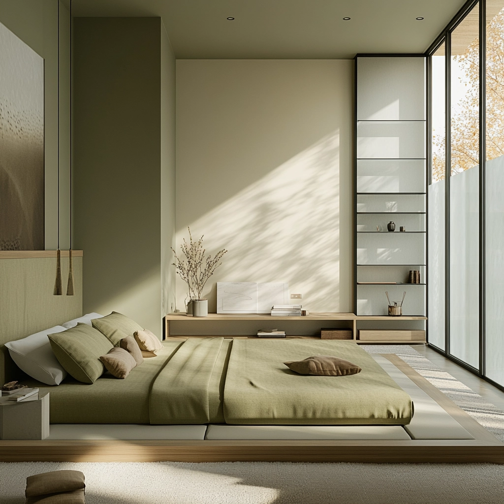 olive green and beige bedroom 36