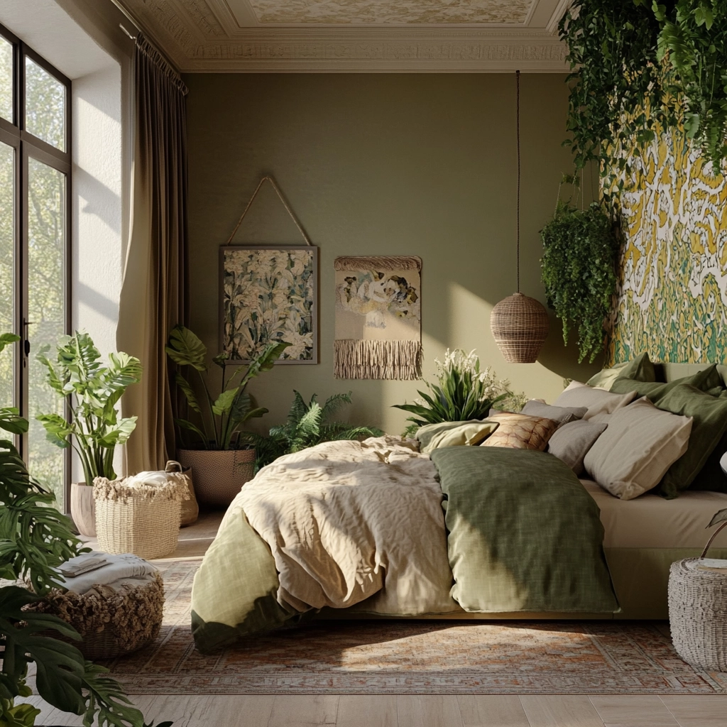 olive green and beige bedroom 52