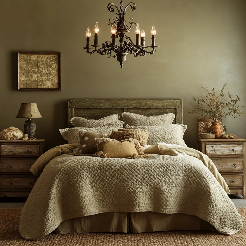 olive green and beige bedroom 75