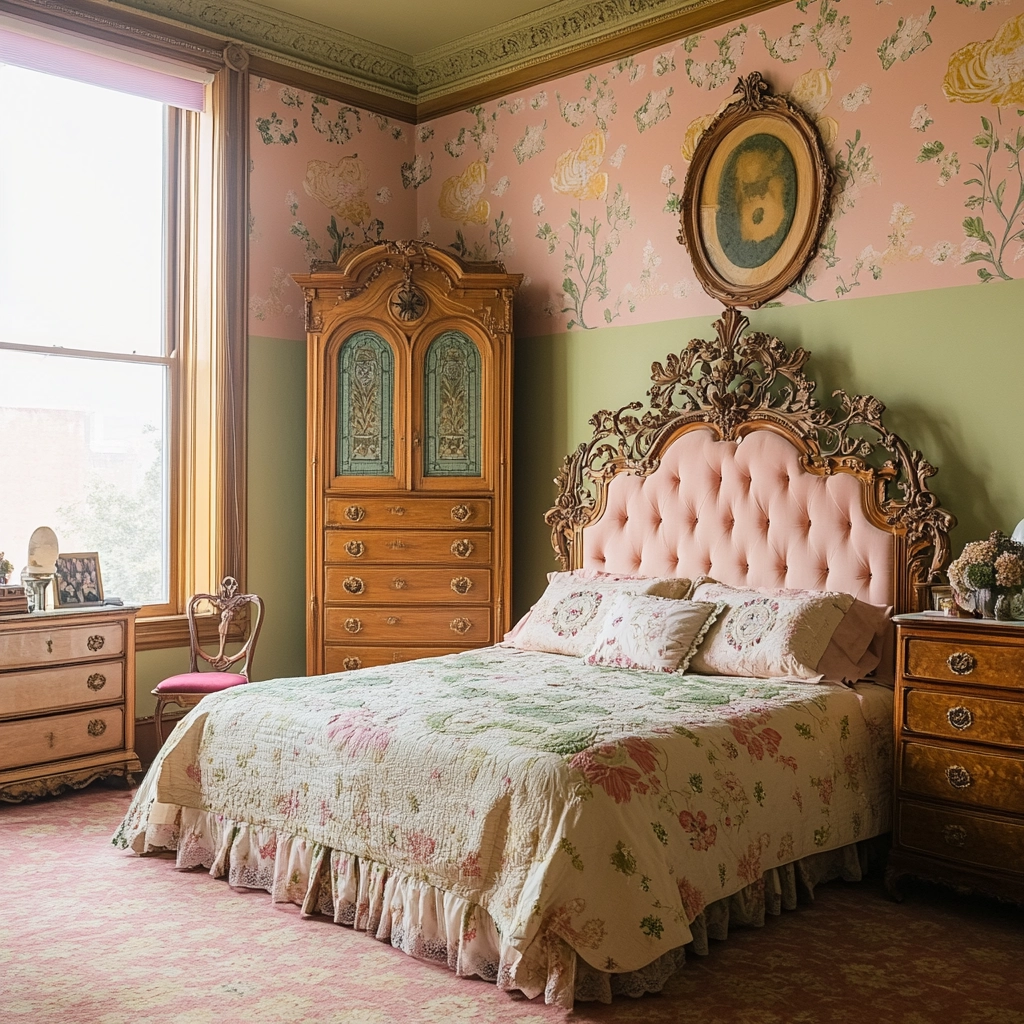 pink green beige bedroom 16