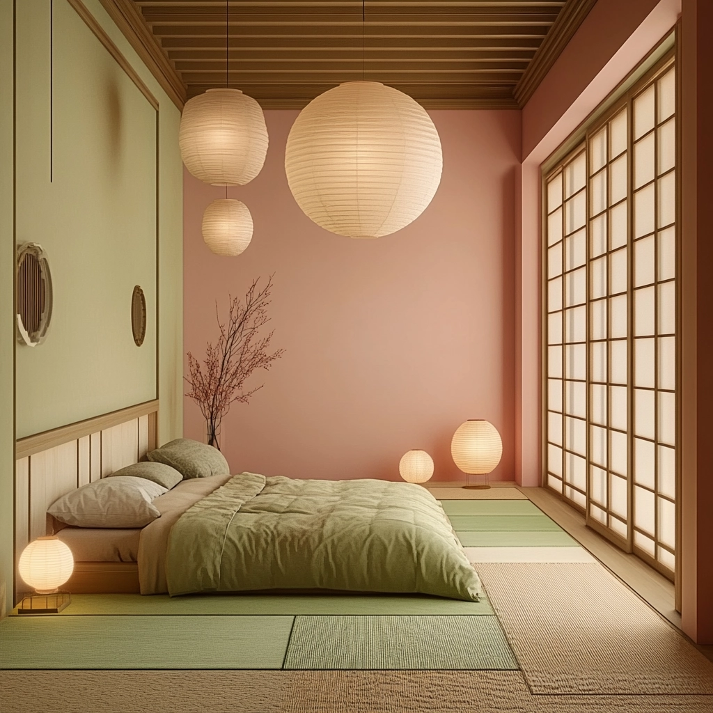 pink green beige bedroom 53