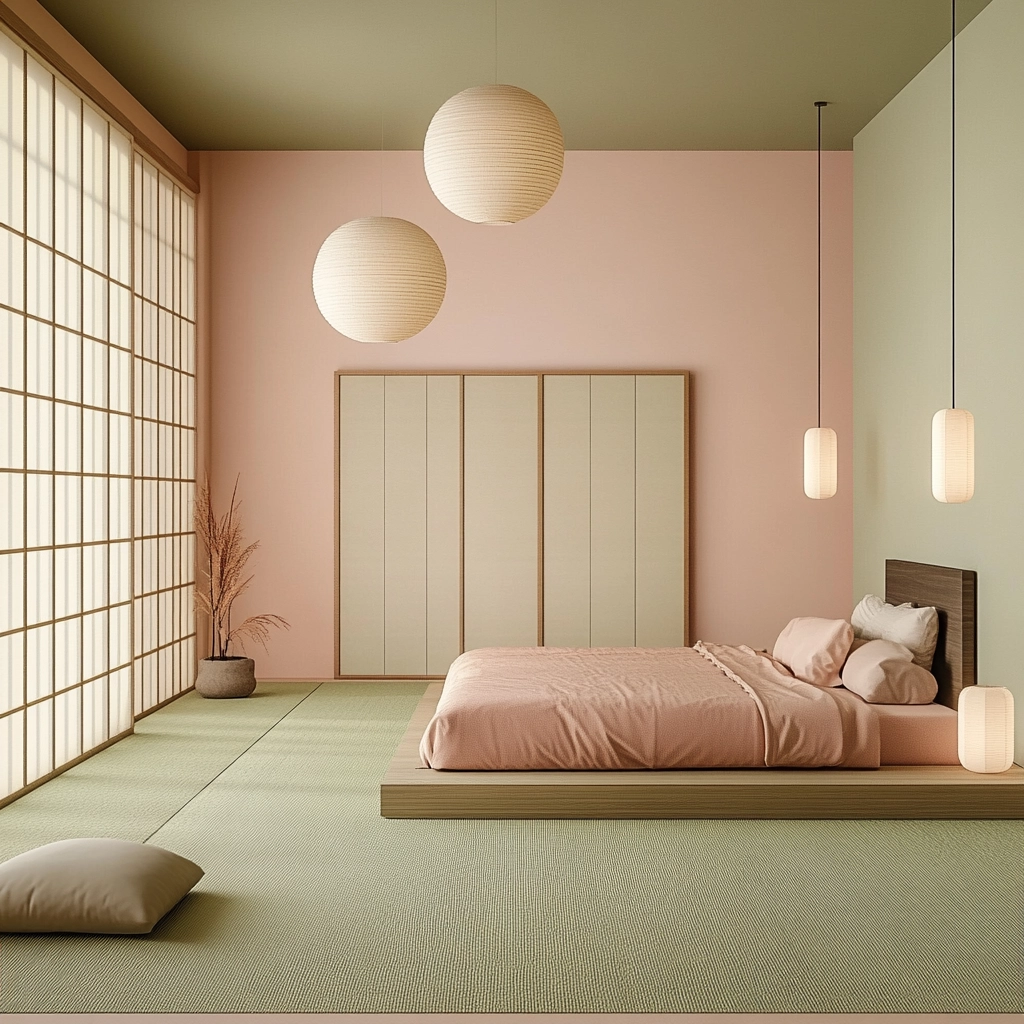 pink green beige bedroom 56