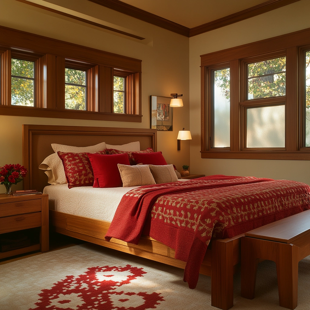 red and beige bedroom ideas 75