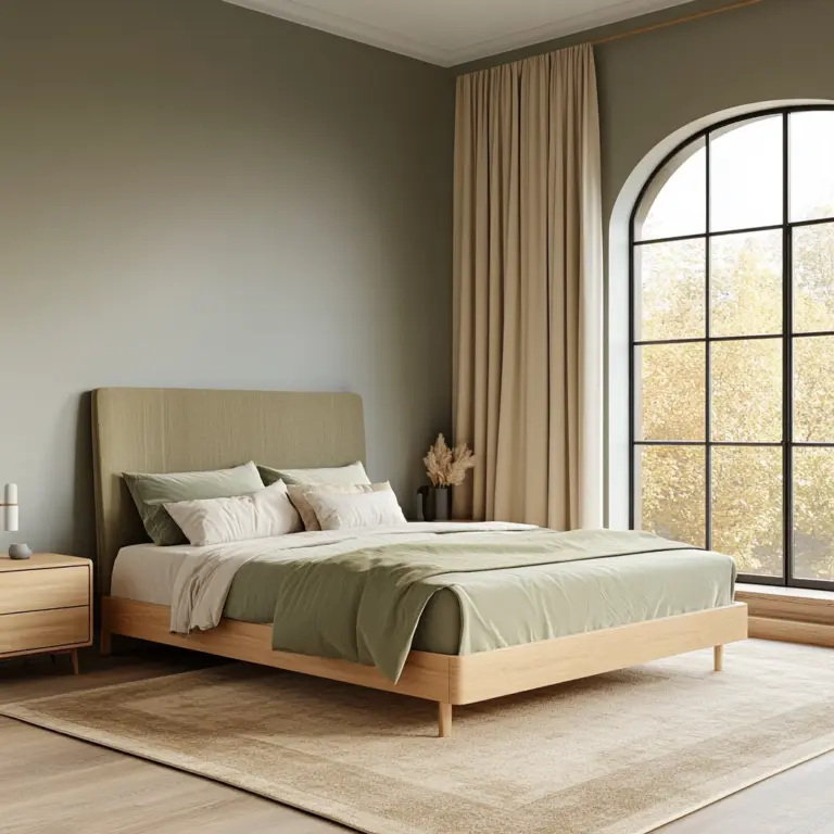 sage green gray and beige bedroom 1