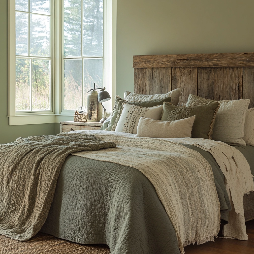 sage green gray and beige bedroom 24
