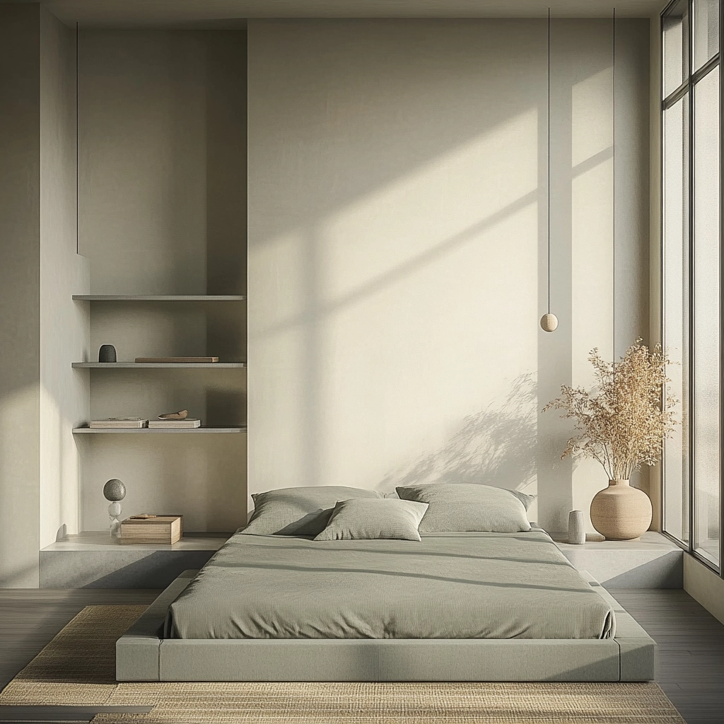 sage green gray and beige bedroom 25