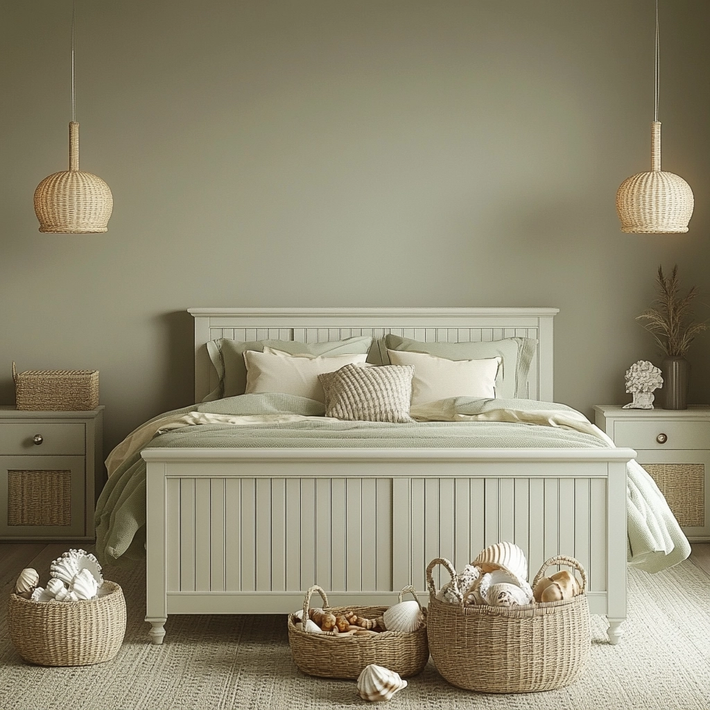 sage green gray and beige bedroom 32