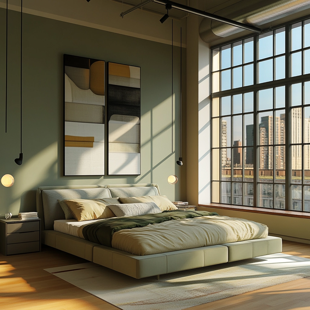 sage green gray and beige bedroom 44