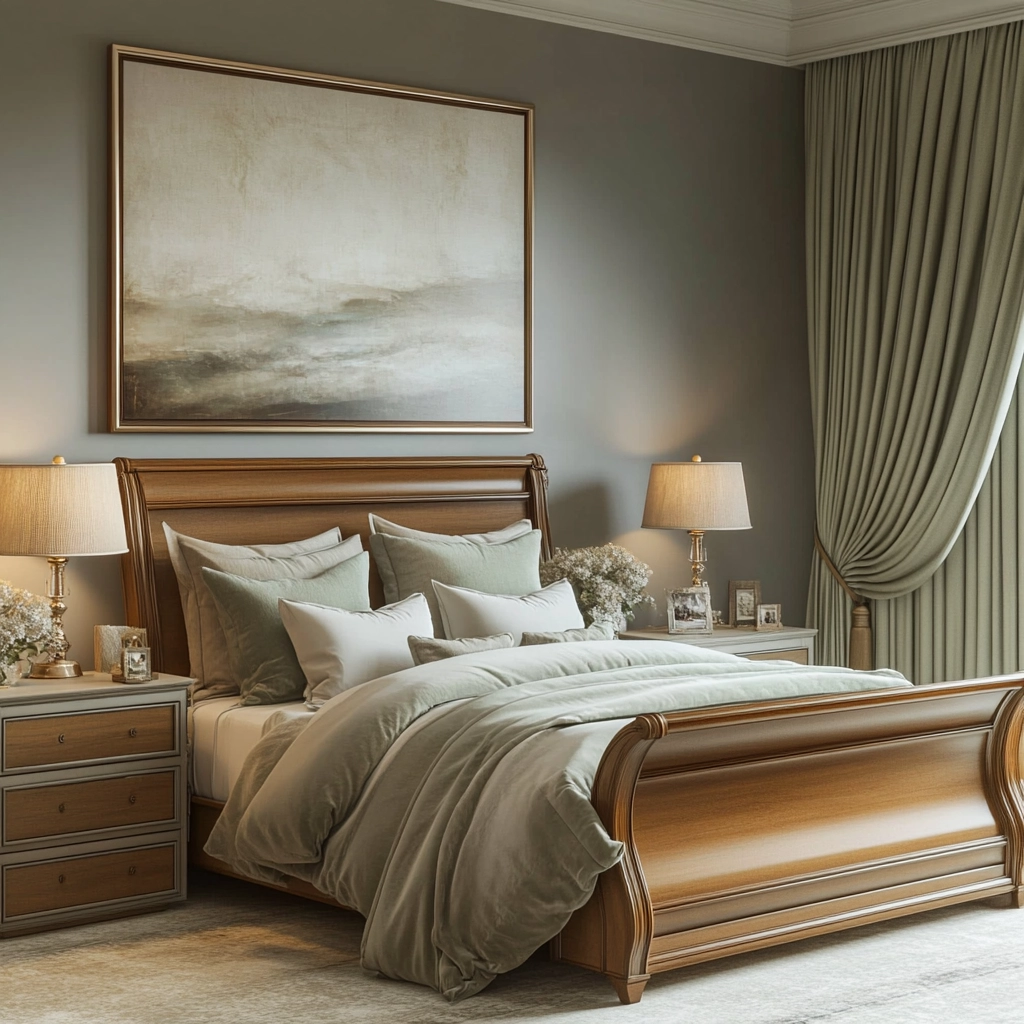 sage green gray and beige bedroom 47