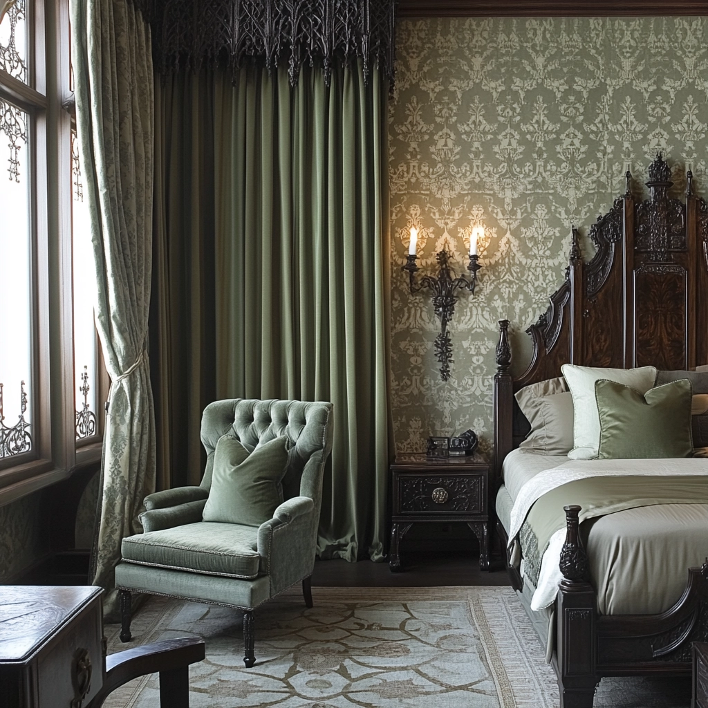 sage green gray and beige bedroom 51