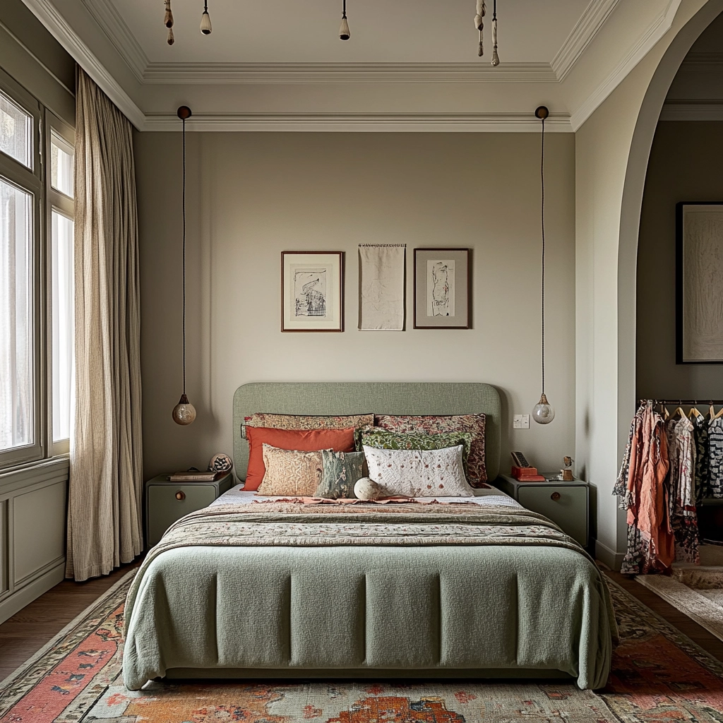 sage green gray and beige bedroom 57