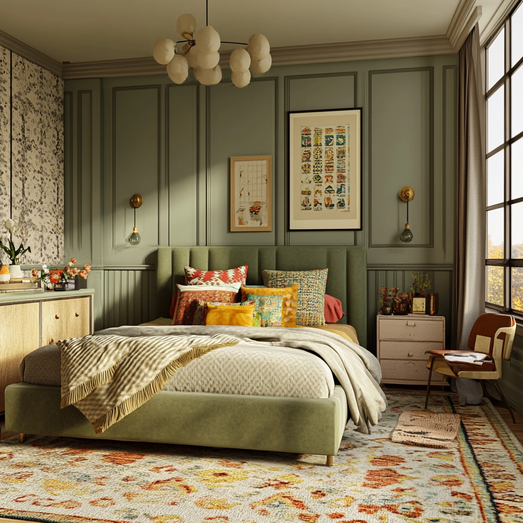 sage green gray and beige bedroom 58