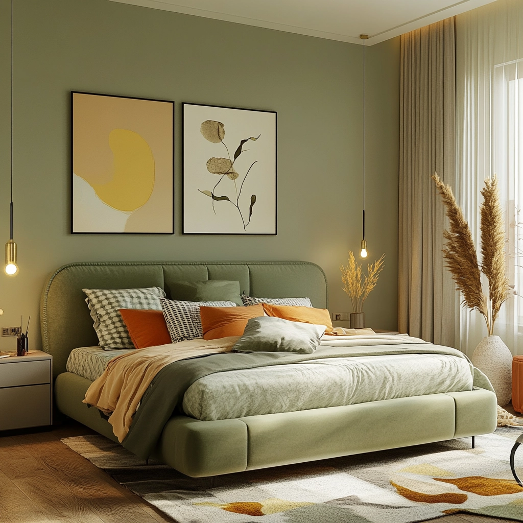 sage green gray and beige bedroom 59