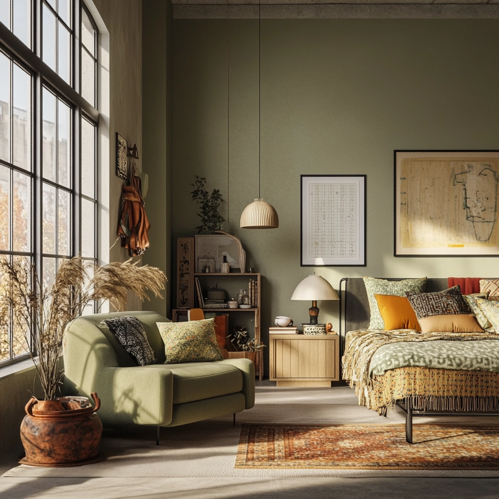 sage green gray and beige bedroom 60
