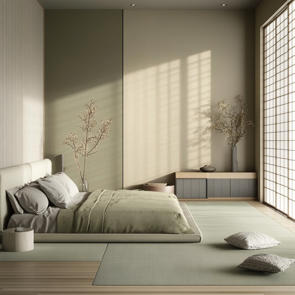 sage green gray and beige bedroom 75